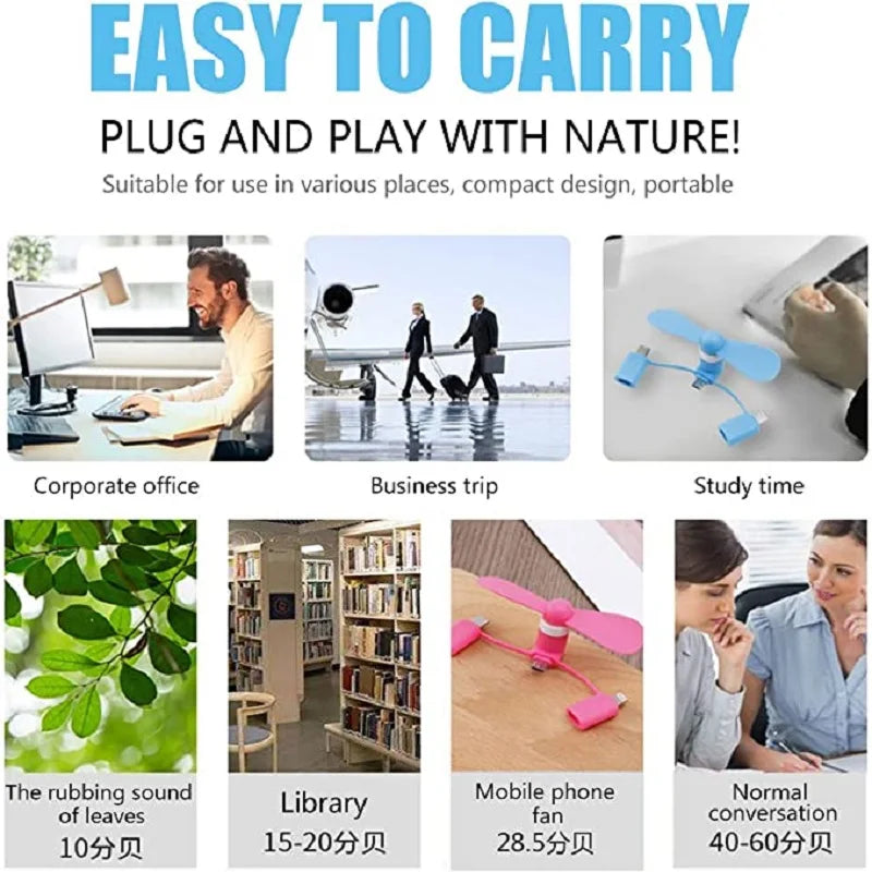 Cell Phone Fan 3-in-1 Mobile Phone Fans Compatible with iPhone/iPad/Android Smartphone/Tablet Fit for Micro USB/Type C/Lightning