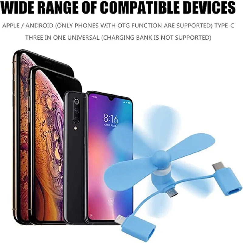 Cell Phone Fan 3-in-1 Mobile Phone Fans Compatible with iPhone/iPad/Android Smartphone/Tablet Fit for Micro USB/Type C/Lightning